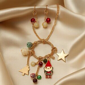 Christmas Charm Necklace & Earrings Set Gold Star Gnome Pendant Red, Green Beads